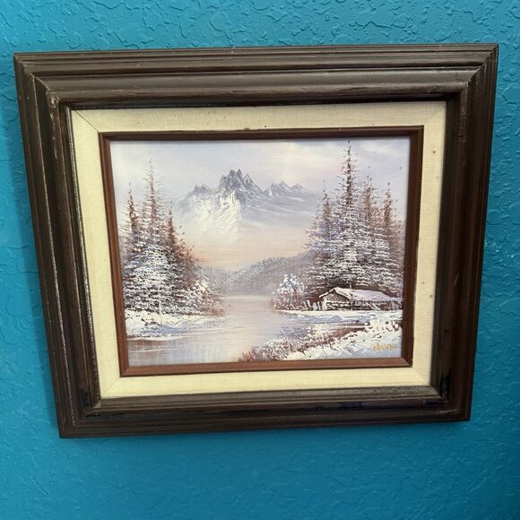 Original Signed Oil Painting Canvas & Wood Frame Annan Winter Landscape Cabin